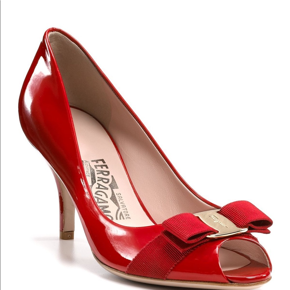 Salvatore Ferragamo Vara Patent Peep-Toe Pumps